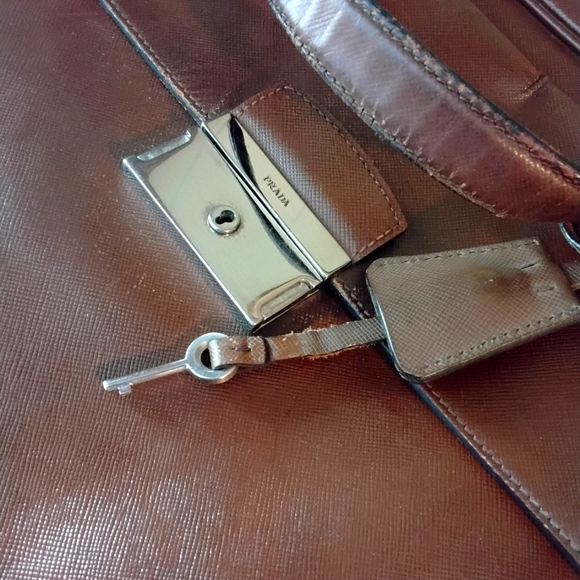 PRADA Leather Briefcase Chocolate Brown Unisex Saffiano VINTAGE - Picture 4 of 17